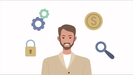 joven empresario con íconos de los negocios