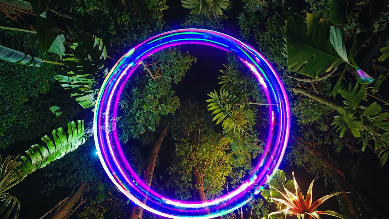 A mesmerizing video captures a low-angle view of a glowing neon circle against a lush, leafy canopy