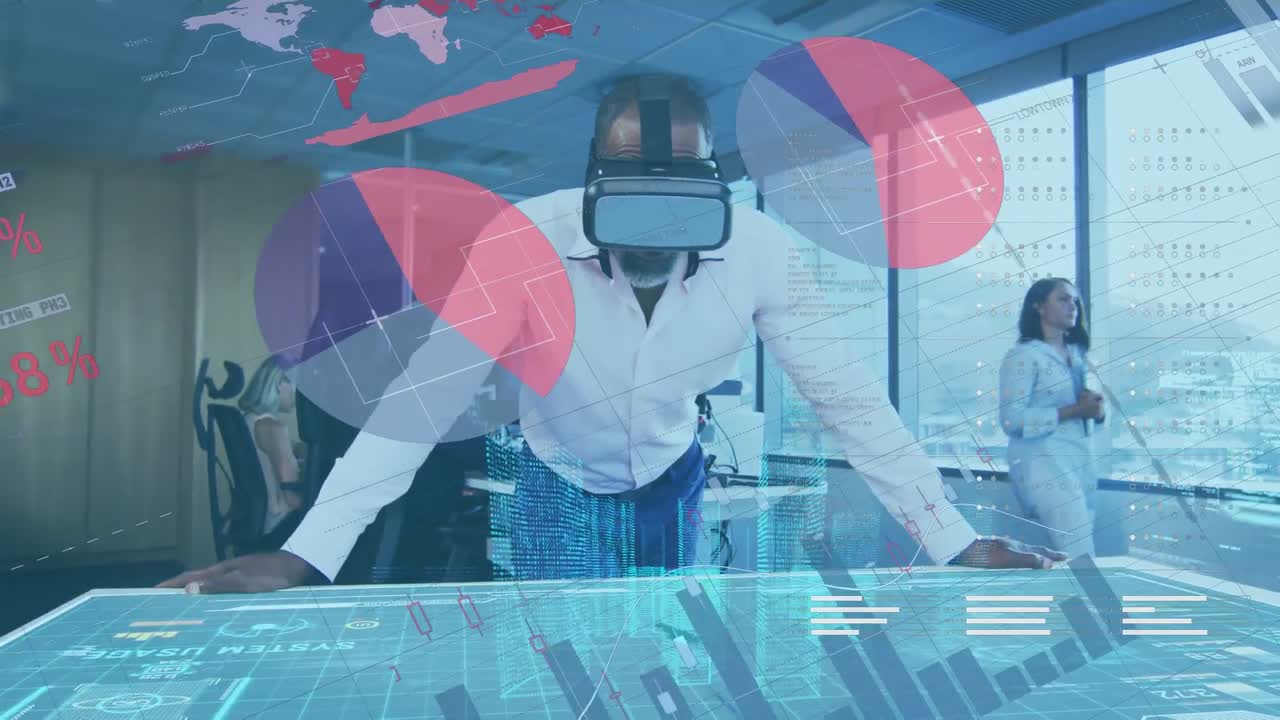 Digital composite video of financial data processing with interface icons against man wearing vr