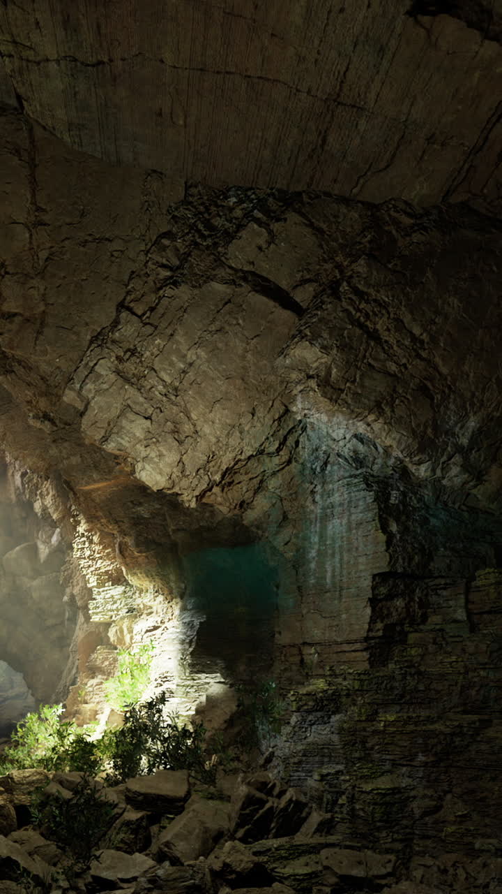Mysterious cave with sunlight filtering through rocky formations