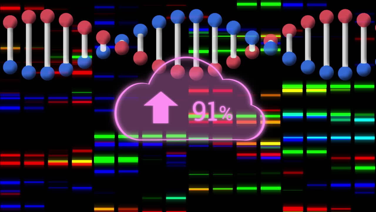 움직이는 기둥과 dna 줄기에서 점점 더 많은 수를 가진 구름의 애니메이션