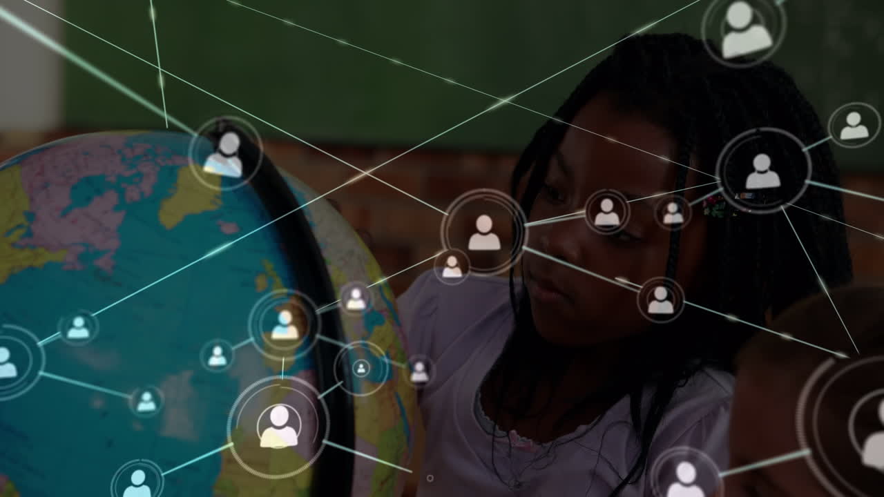 animación de redes de conexiones a través de diversos escolares que leen el mundo