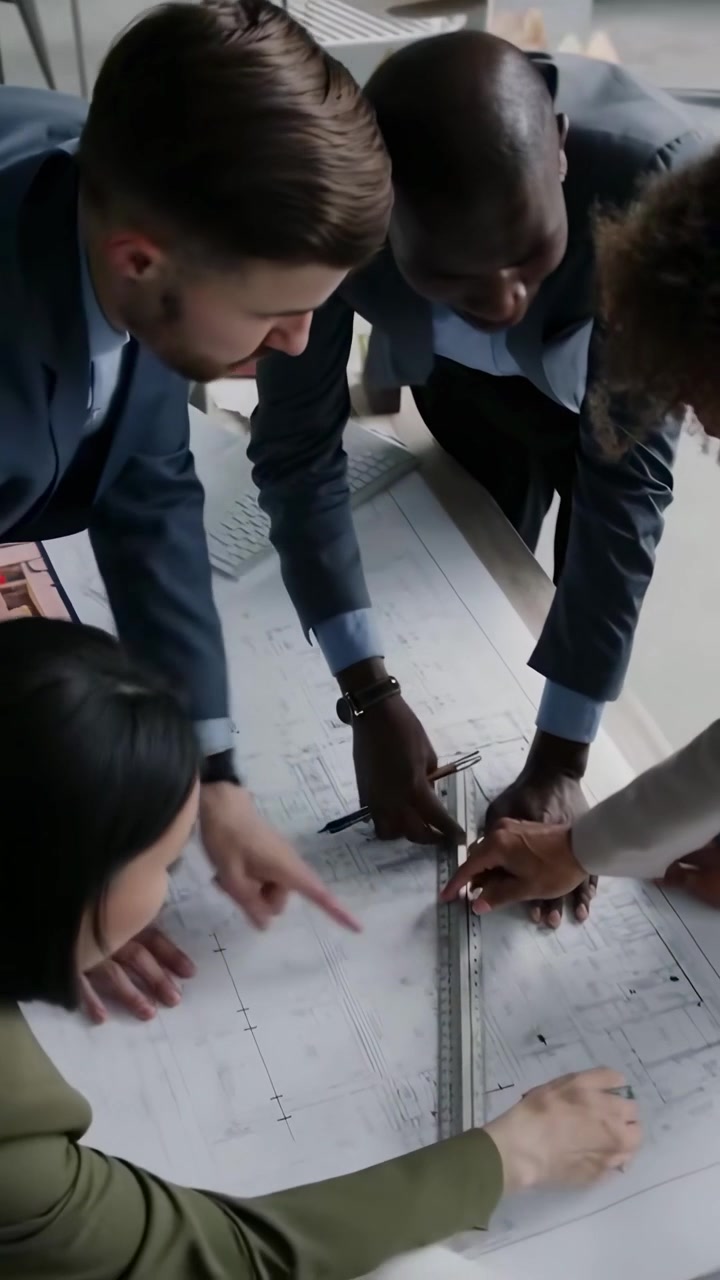 Diverse Team of Architects Collaborating on Blueprint in Office