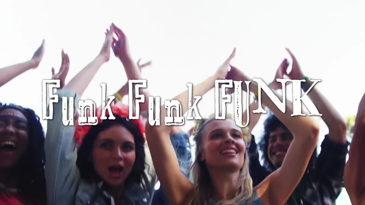 박수 치는 사람들과 점프하는 사람들에 대한  ⁇ 크 텍스트의 애니메이션