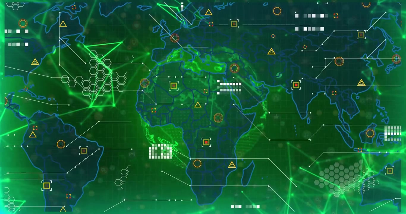 Glowing sphere appearing, flattening to map, spawning nodes and connecting arcs visualizing network