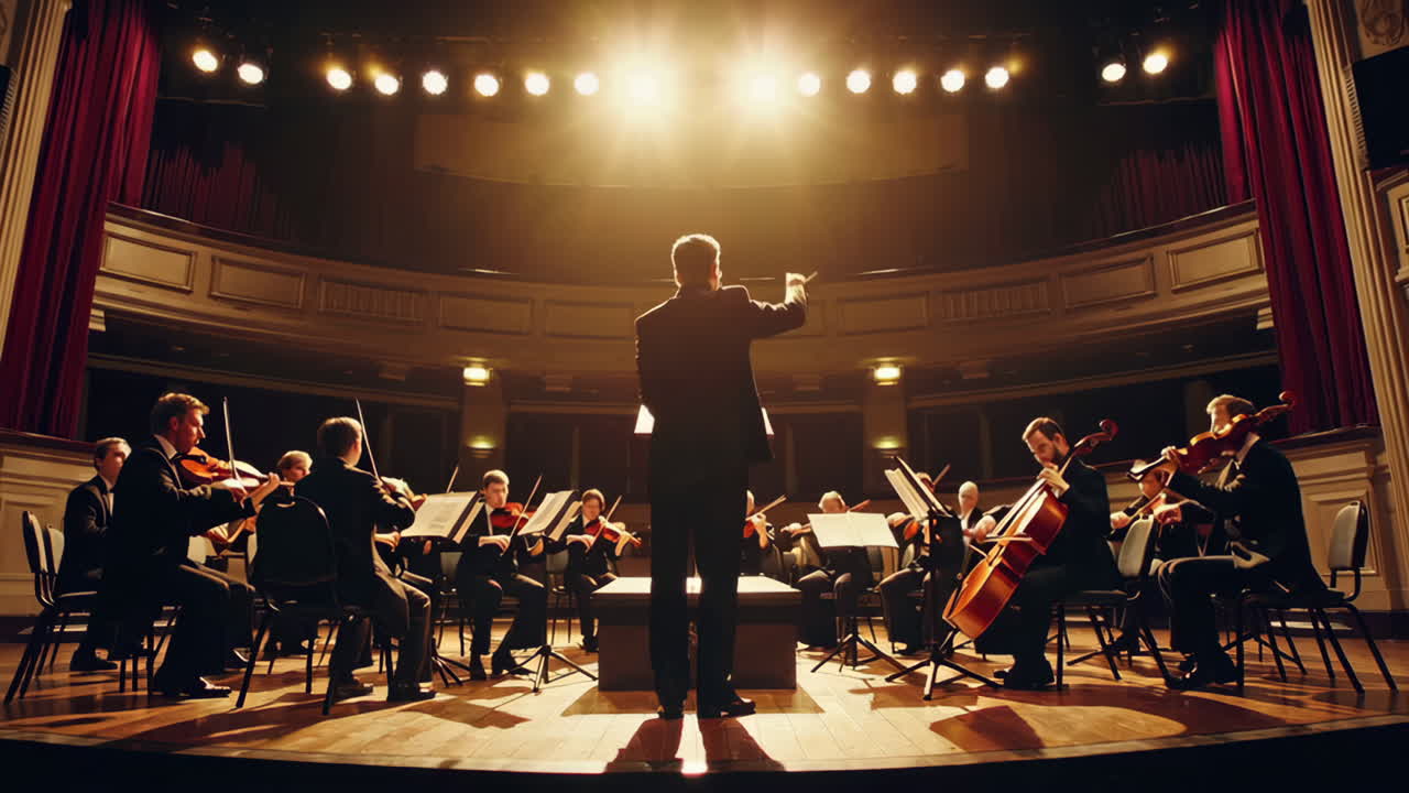Conductor Leading an Orchestra Performance on Stage