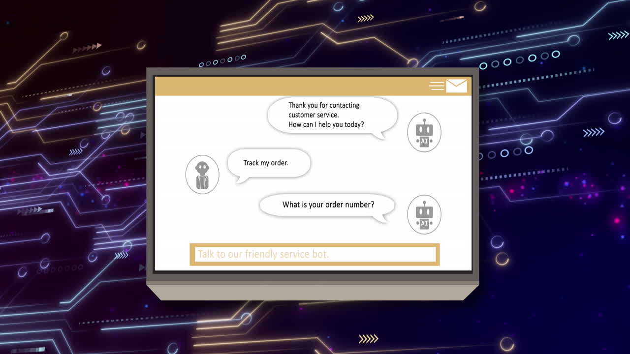 Animation of ai text, icons and data processing over circuit board