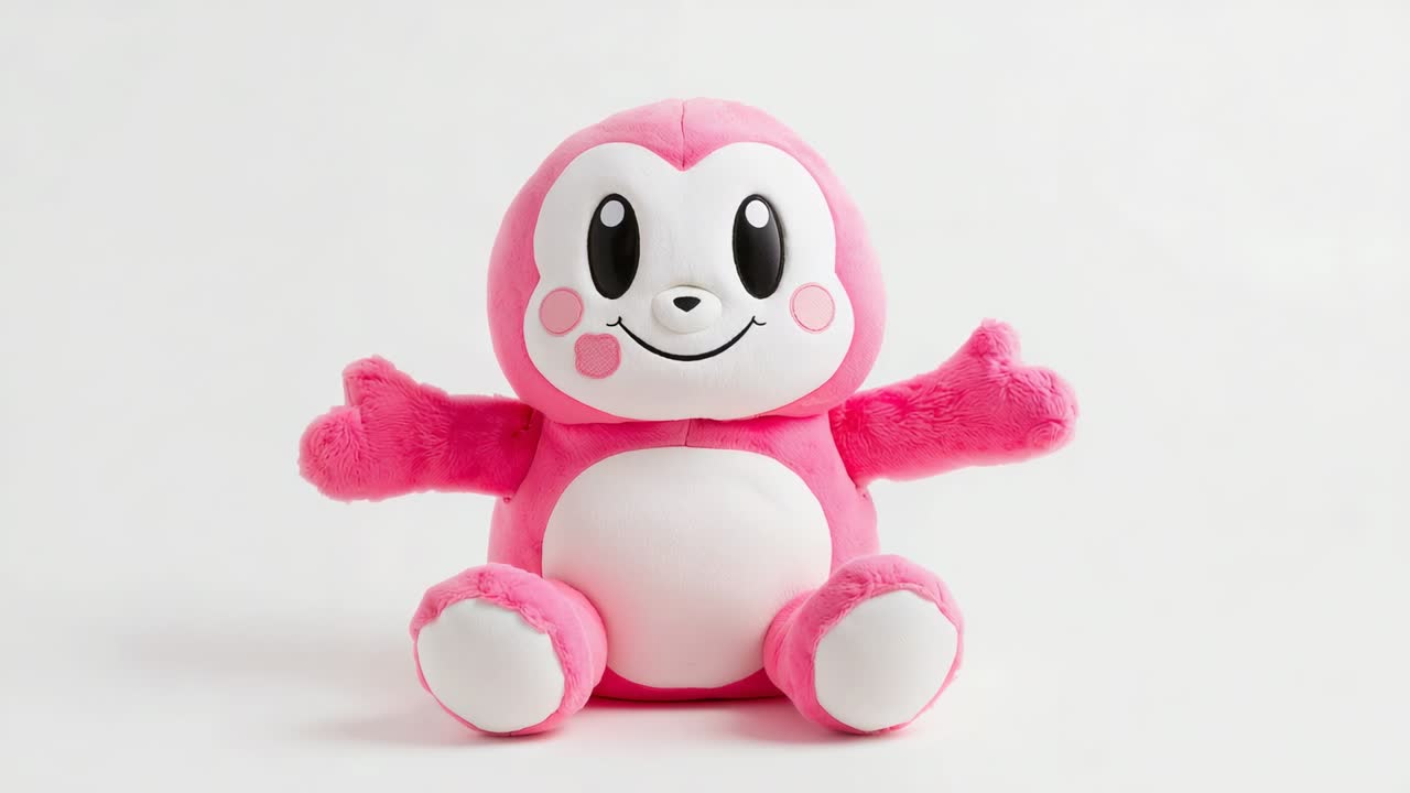 Cámara acercándose con zoom a un peluche rosa sobre una mesa con fondo blanco para mostrar los detalles