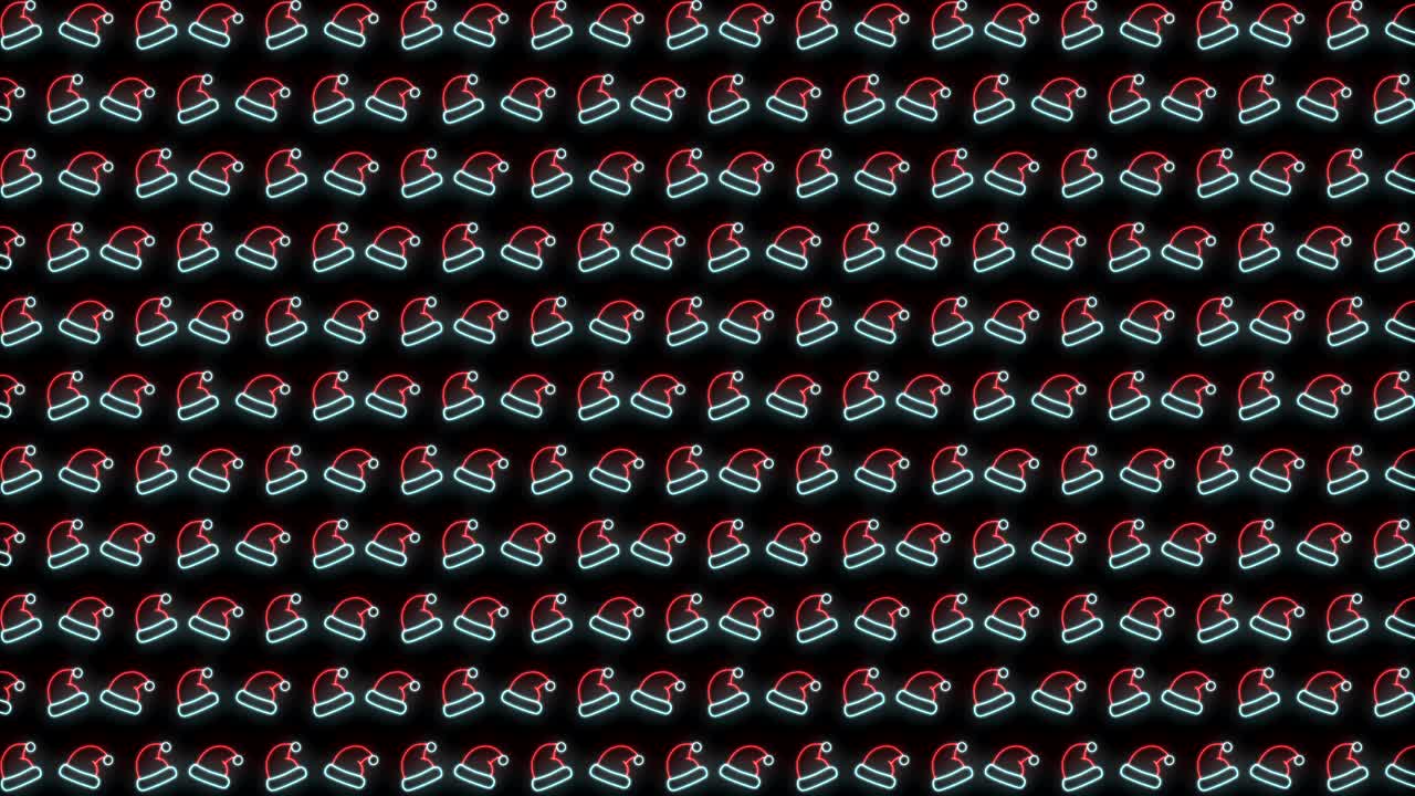 fondo de patrón navideño de neón de sombrero de santa en animación de bucle rojo, blanco y negro
