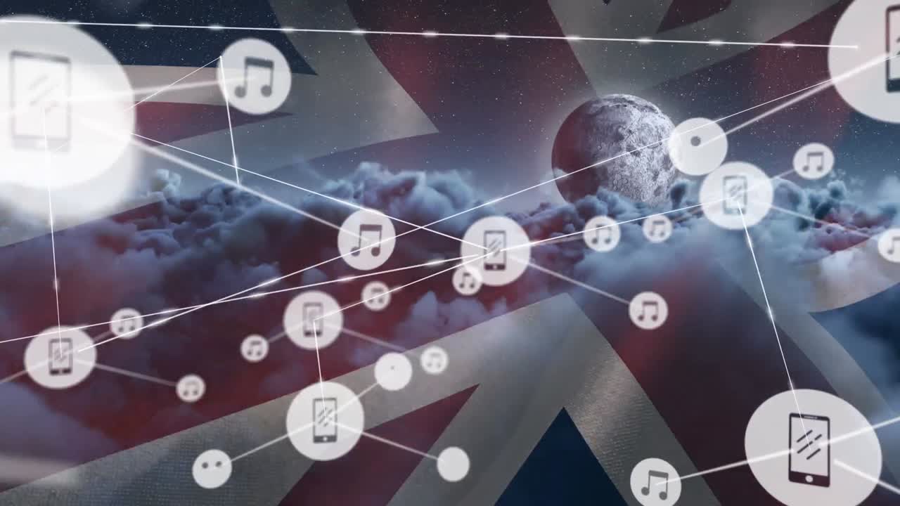 영국  ⁇ 발과 구름진 하늘 위의 연결 네트워크와 아이콘의 애니메이션