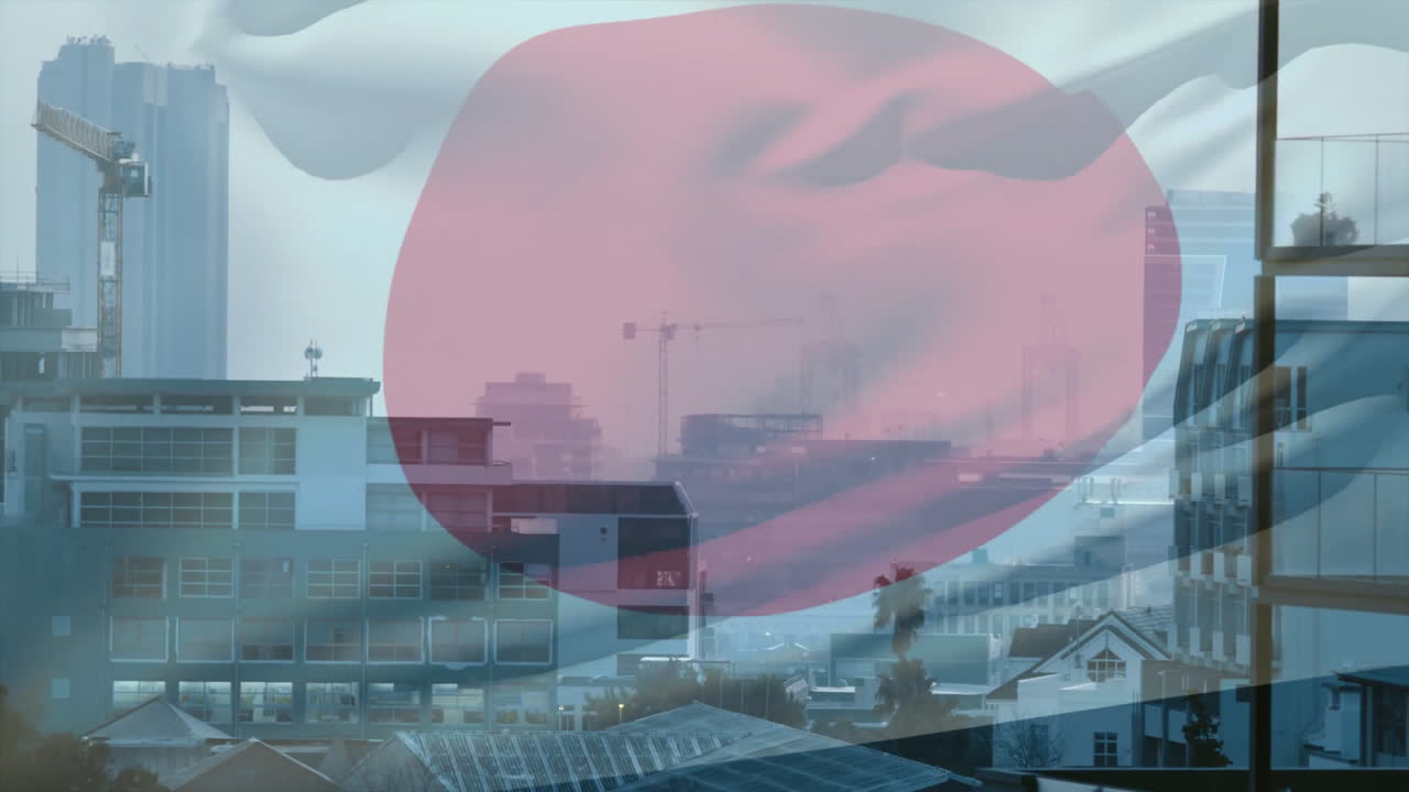 Urban skyline with cranes and buildings over abstract pink shape animation