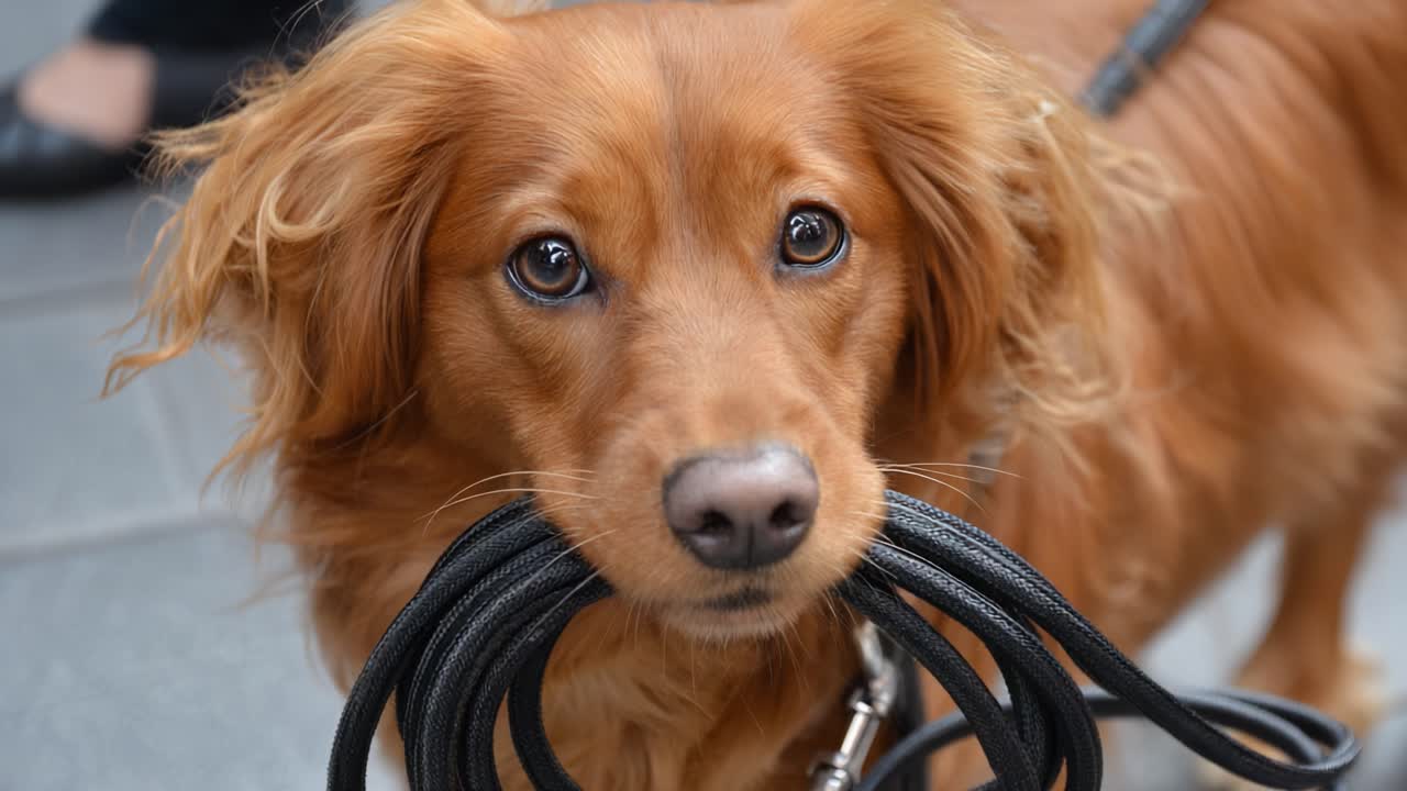 A Golden Retriever Holds Its Leash with a Curious Expression, Displaying Eagerness and Anticipation for an Adventure Out in the World Together