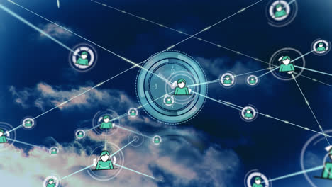 Animation of network of connections with people icons over scope scanning