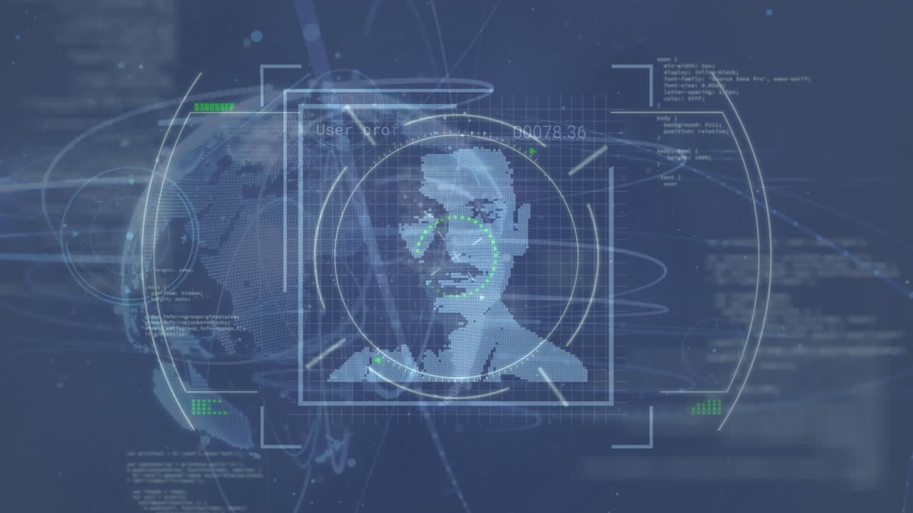 animación de iconos de perfil cambiantes, globo giratorio y procesamiento de datos contra un fondo azul