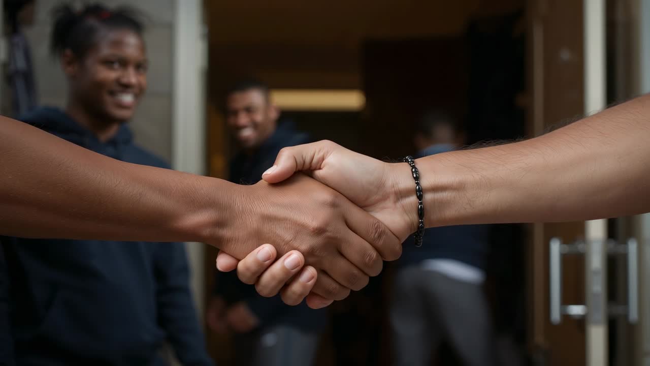 Reaching two men closing and holding handshake at doorway greeting peers in hoodies with bracelet