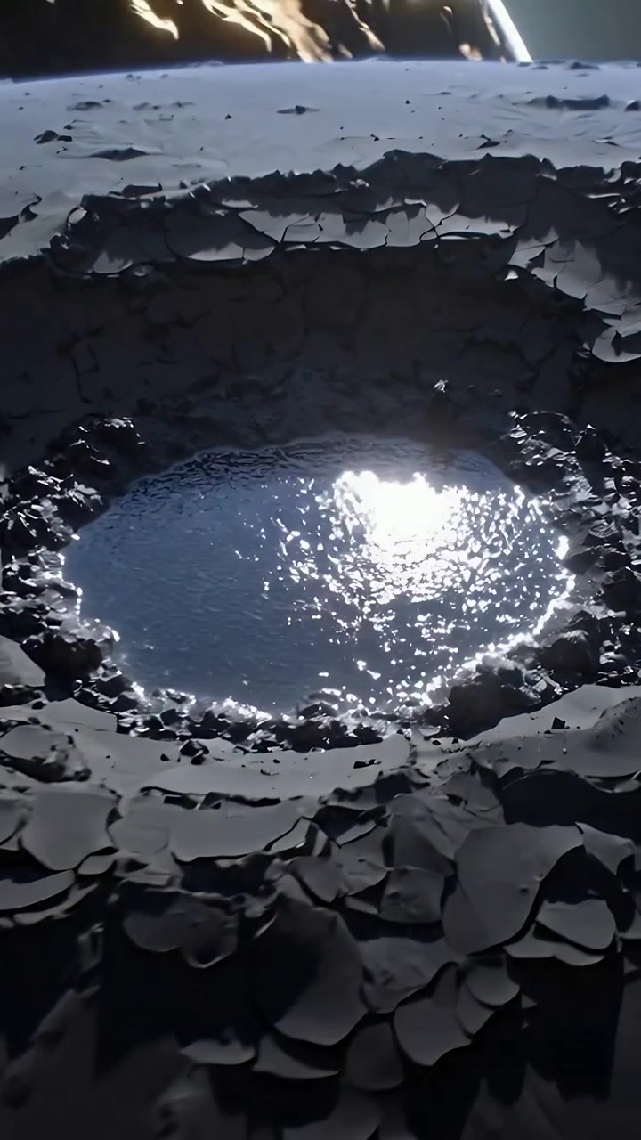 Vertikal video: Bevegelig kamera som nærmer seg et krater på en slette, som avslører en flassende kant og et glitrende basseng.