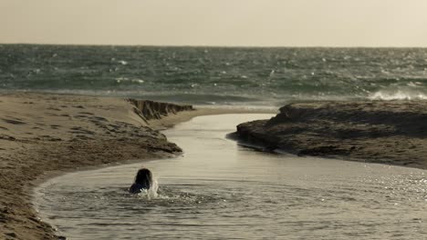 Girl-Child-Swimming-Playing-Beach-In-The-Ocean-Lake-Water-Long-Shot