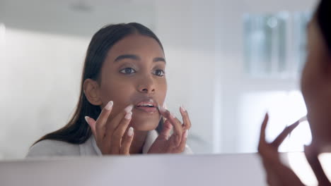 Skincare,-bathroom-and-woman-with-hands-on-face