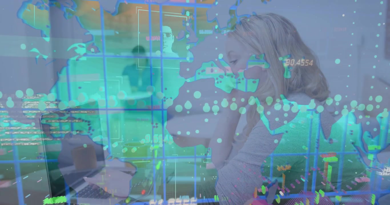 Animation of data processing over caucasian businesswoman talking on smartphone