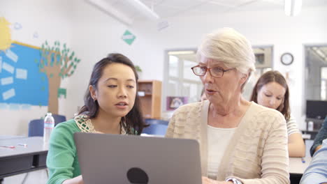 teacher helping a senior pupil in an adult education class