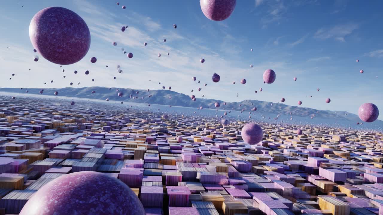 A Surreal Landscape of Floating Spheres and Colorful Cubes: A Journey Through an Imaginative Realm of Abstract Geometry and Vibrant Hues Captured in Two Stunning Frames
