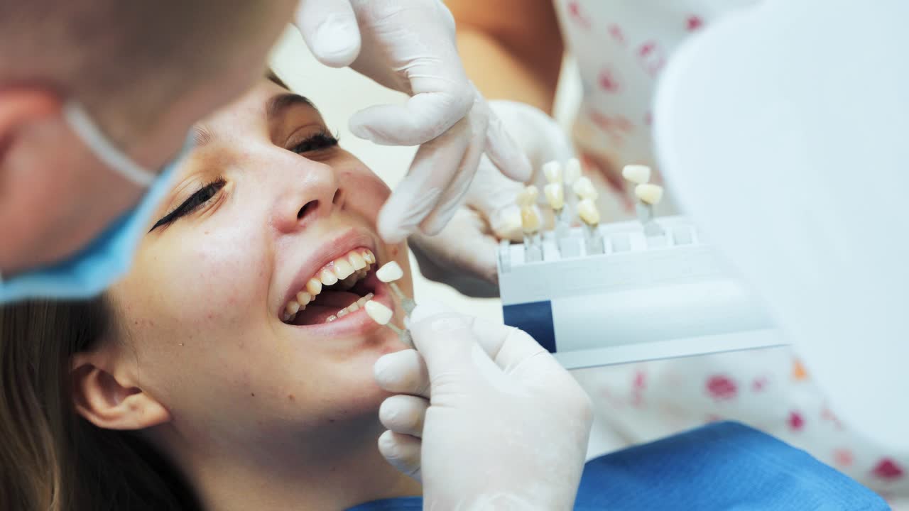 A dentist in medical gloves picks up a young girl a dental implant on a special color scale. Dental clinic