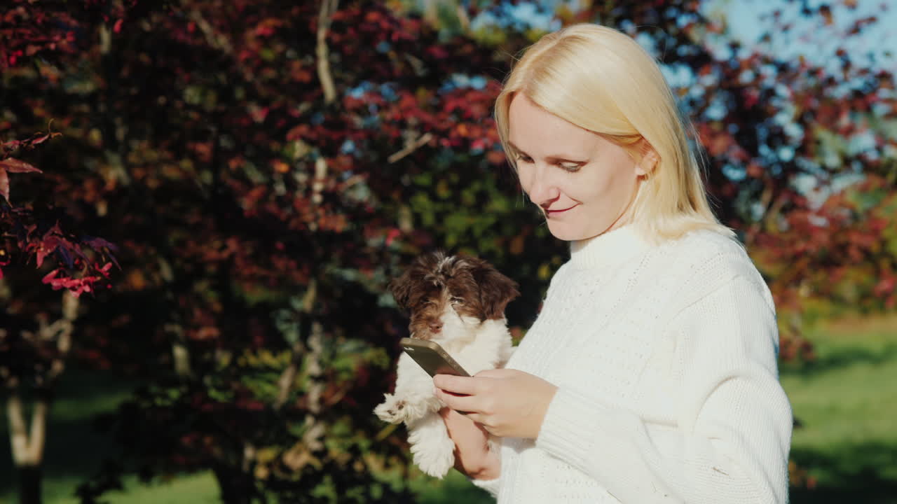 강아지를 안고 있는 여자는 전화를 사용한다