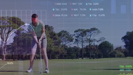 Animation-of-graphs-and-trading-boards-over-caucasian-female-player-taking-shot-against-sky