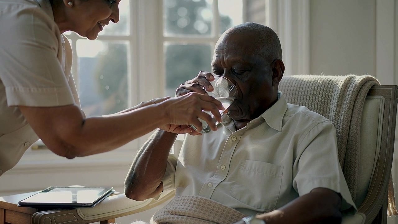 Approaching caregiver in uniform presenting glass guiding senior man sipping water in chair at home