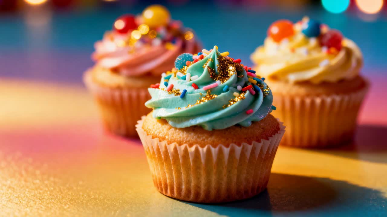 Spostamento della fotocamera e luci che si muovono mettendo a fuoco un cupcake frontale verde acqua su un tavolo da studio, mostrando gli zuccherini
