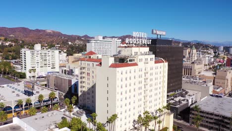 aerial approach hotel roosevelt on hollywood boulevard in downtown hollywood california