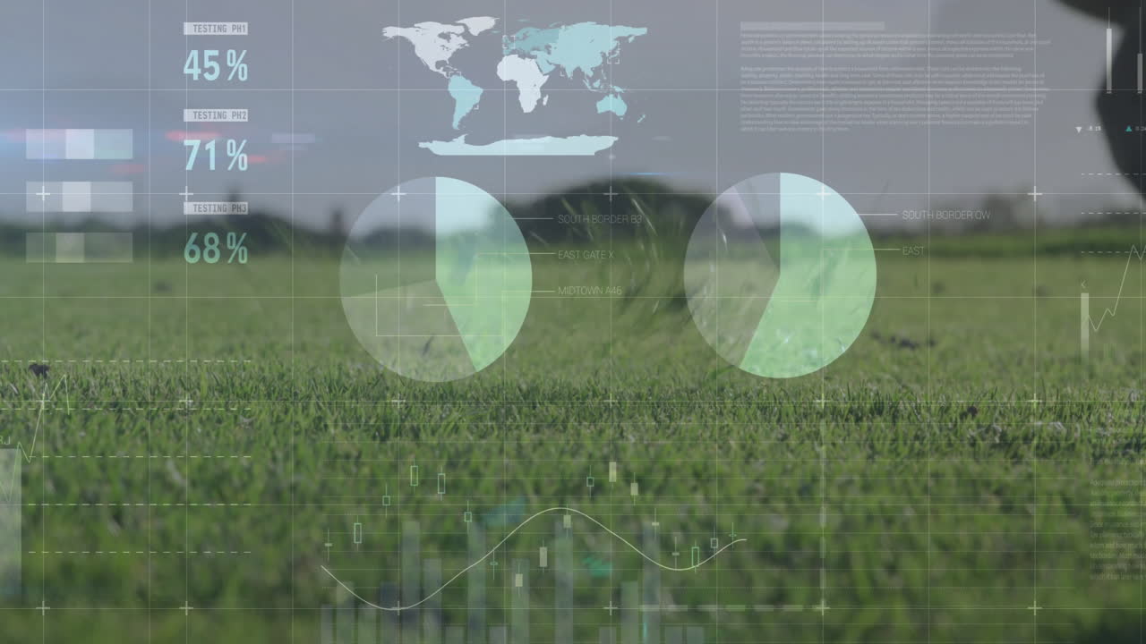 Ground-level shot showing golf ball on tee in tech analytics, displaying floating charts and map