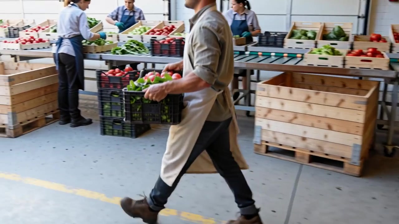 Un addetto alla frutta e verdura con grembiule che entra, trasportando una cassa nera, dirigendosi attraverso l'area di imballaggio verso il tavolo di confezionamento