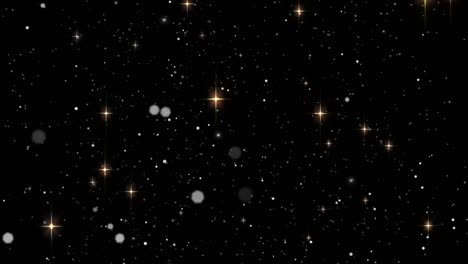 Animation-of-white-light-spots-and-particles-moving-rapidly,-with-glowing-stars-on-black-background