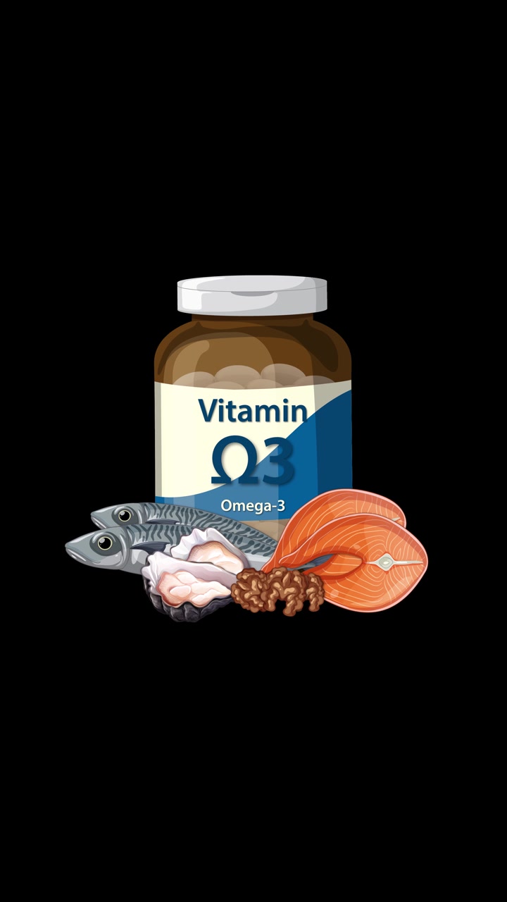 Flacone di integratore Omega-3 con pesce, salmone, noci e gamberetti su sfondo nero, formato verticale
