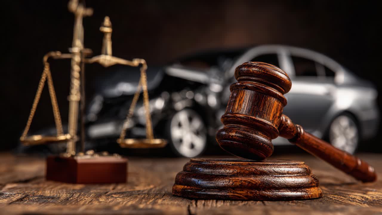 Una rappresentazione della giustizia dopo un incidente stradale, che mostra un martelletto e una bilancia a simboleggiare i procedimenti legali relativi agli incidenti del traffico
