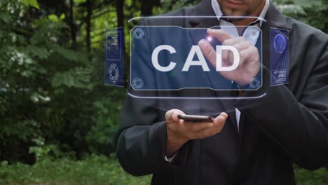 el hombre de negocios usa hologramas con texto cad