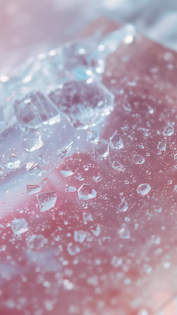 Vertical video: Ambient light playing across ice cubes, melting them on pink top with tiny puddles