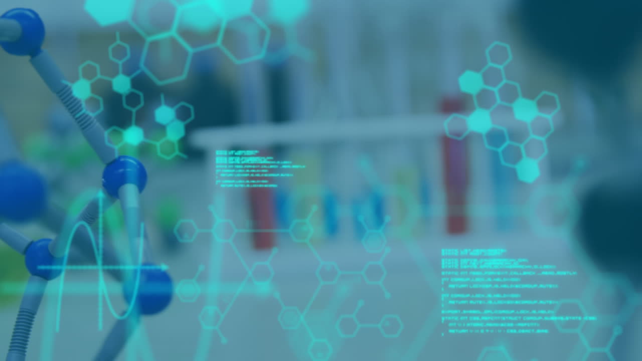 laboratorio con datos y hexágonos en primer plano