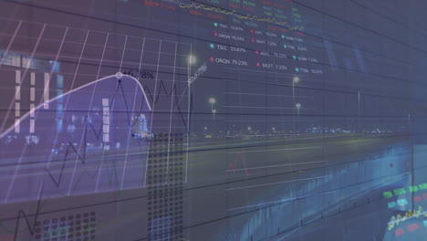 Animation-of-statistical-and-stock-market-data-processing-against-time-lapse-of-night-city-traffic