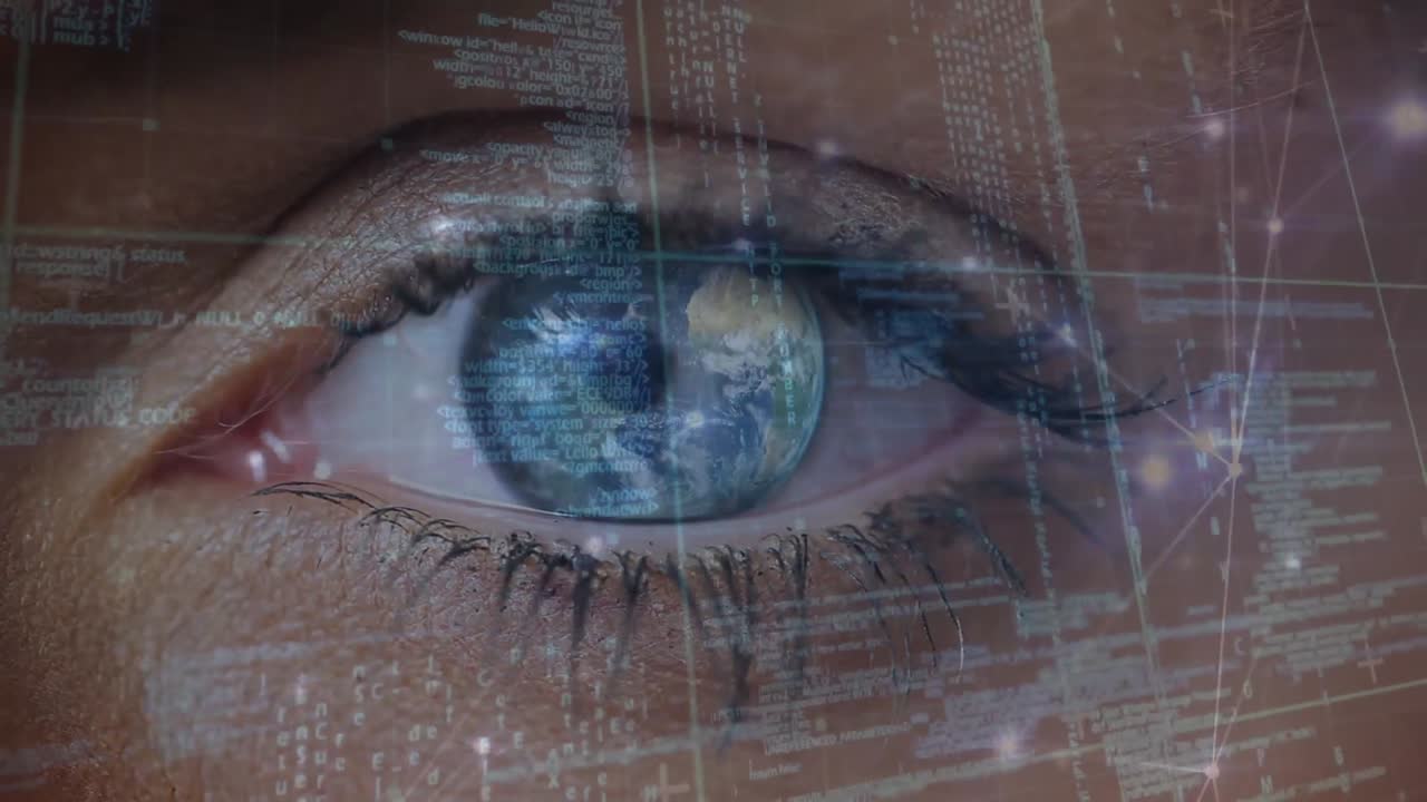 animación del procesamiento de datos y codificación binaria sobre el ojo azul