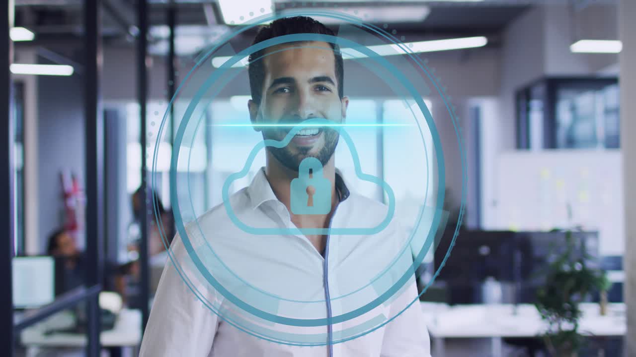 Man reading paper and causing cybersecurity HUD forming rings, scanning chest, verifying access