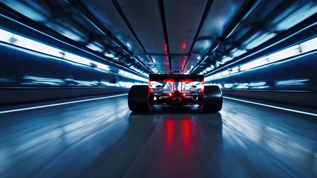 Dynamic low-angle shot of a race car speeding through a futuristic tunnel, capturing motion blur