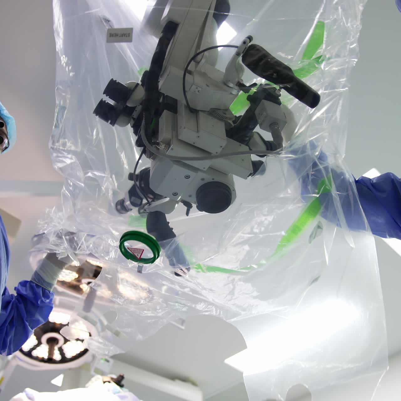 Two doctors covering the powerful microscope hanging in operational room into plastic. Preparation of equipment for surgery. Low angle view