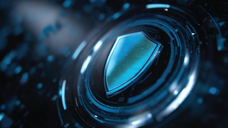 A High-Tech Shield Emblem Representing Cybersecurity and Protection in a Digital Environment, Signifying Modern Defense Mechanisms Against Threats