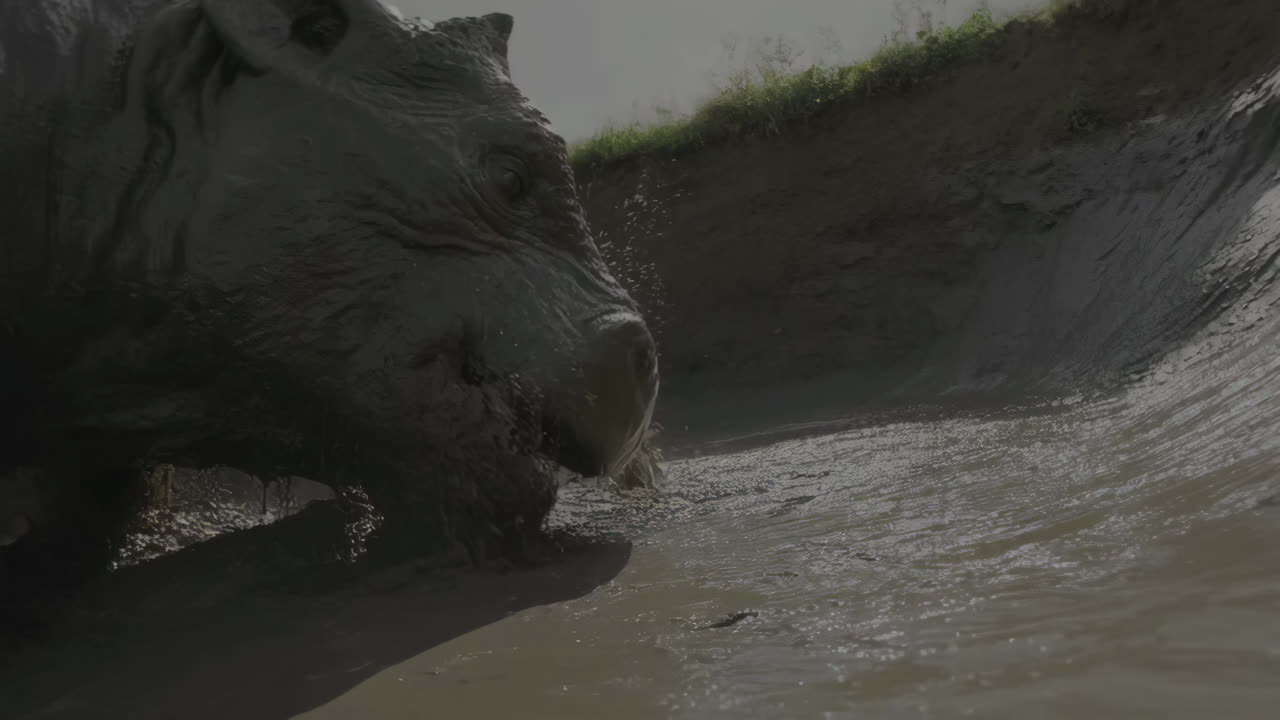 Un rinoceronte che fa un bagno di fango