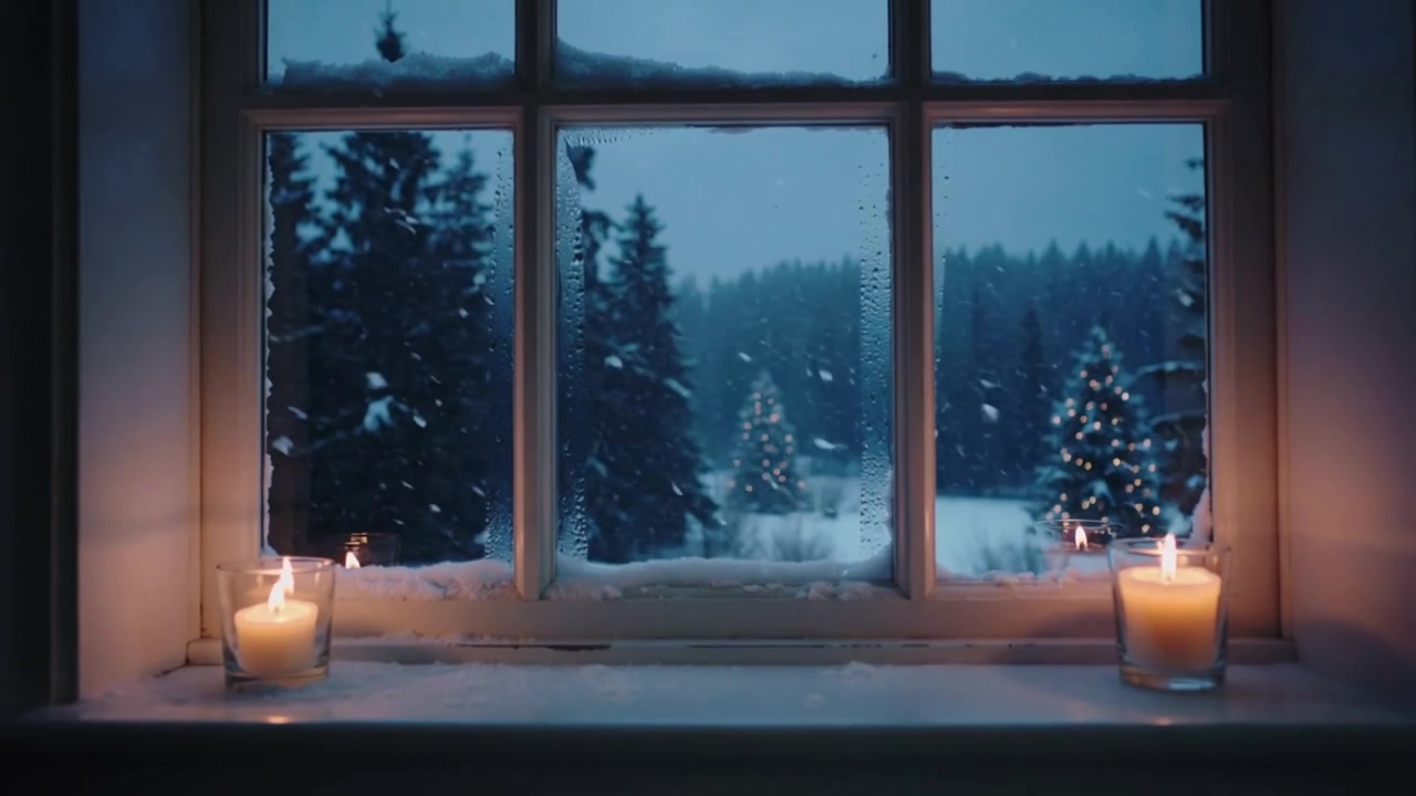 Pulling back camera at home revealing 6-pane window snow sill lit candles lit tree showing contrast