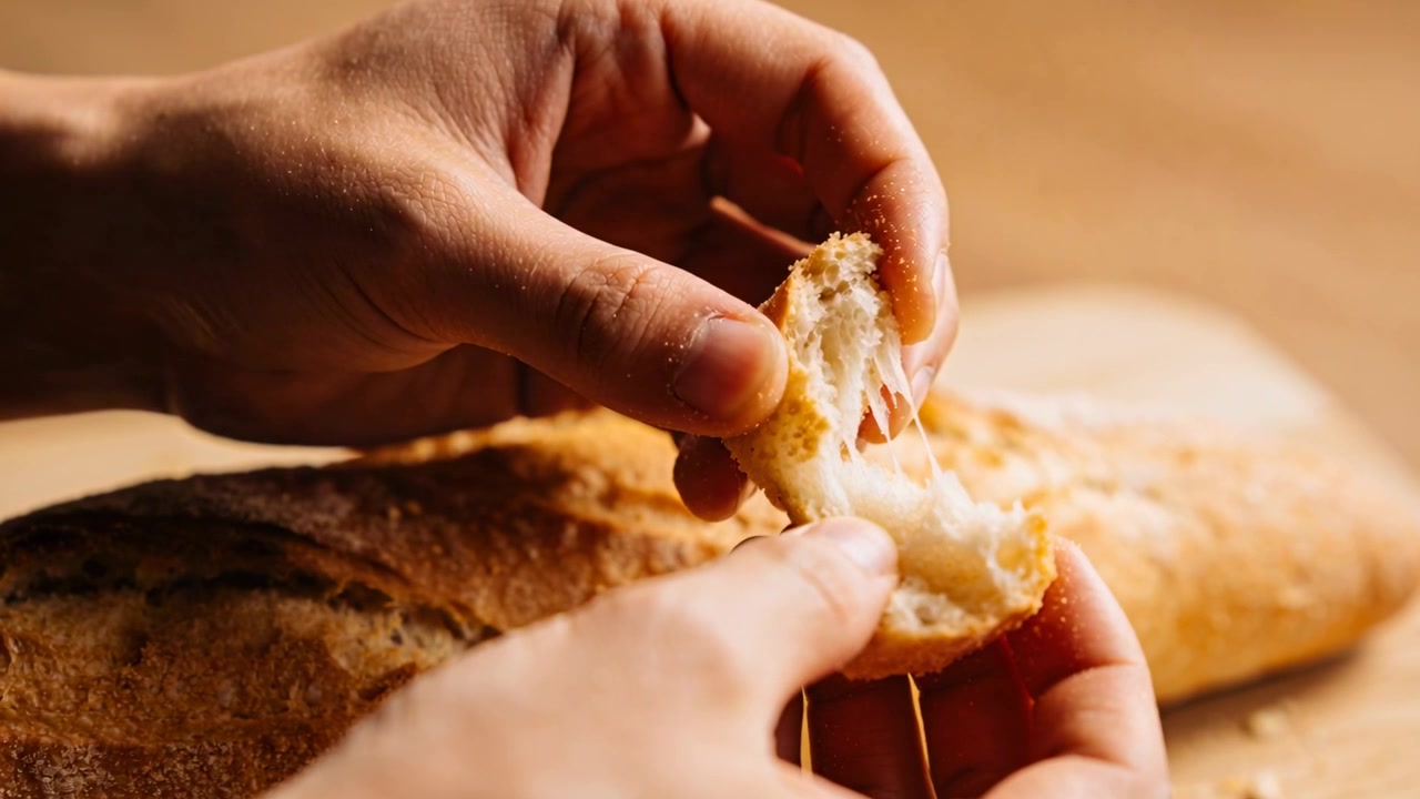 Gripping hands pulling apart crusty baguette on wood board, revealing melted cheese stretch