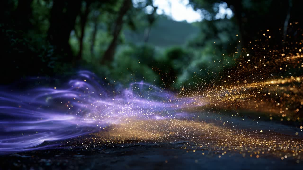 Mesmerizing Flow of Ethereal Particles: A Stunning Visual Journey Through Nature's Enchantment, Where Glittering Streams of Purple and Golden Light Dazzle Against a Serene Natural Backdrop