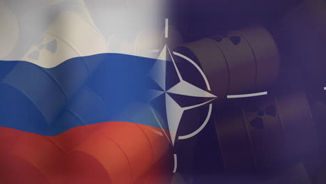 animación de las banderas de rusia y la otan sobre barriles con símbolo radiactivo